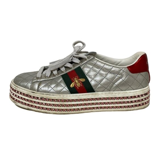 GUCCI Shelly Silver Red Green Leather Rubber - Men's Sneakers 499-052525 - Picture 1 of 10